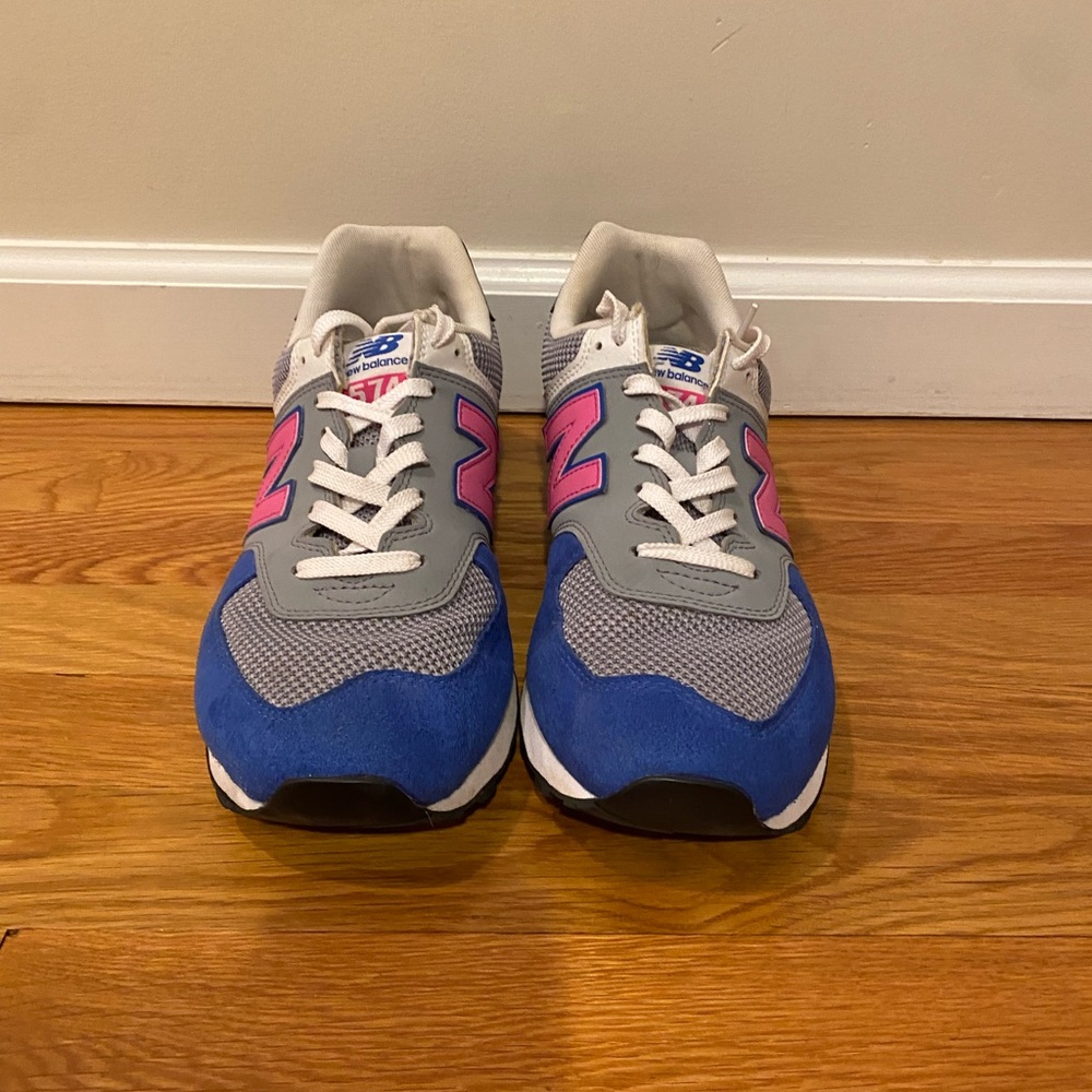 New Balance 574’s  Blue and Gray Sneakers with Pink Highlights
